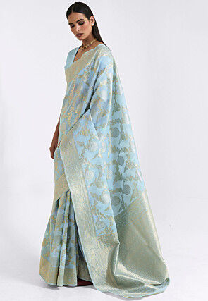 Woven Linen Saree in Light Blue