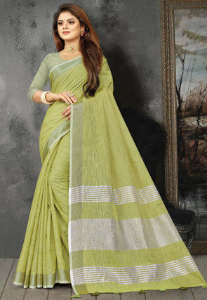 Woven Linen Saree in Light Green