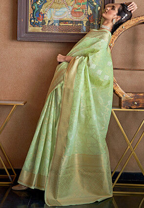 Woven Linen Saree in Light Green