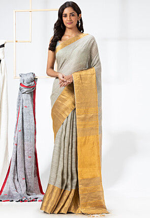 Woven Linen Saree in Light Grey