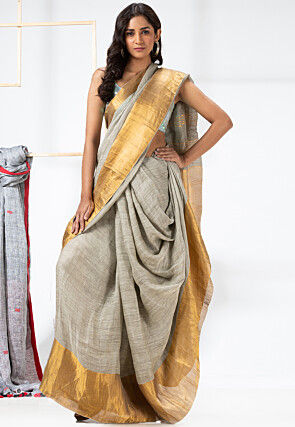 Woven Linen Saree in Light Grey