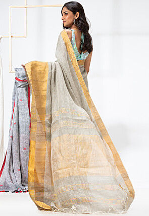 Woven Linen Saree in Light Grey