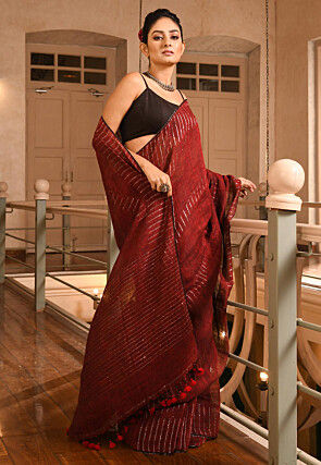 Woven Linen Saree in Maroon