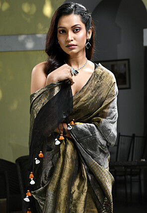 Woven Linen Saree in Multicolor