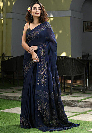 Woven Linen Saree in Navy Blue