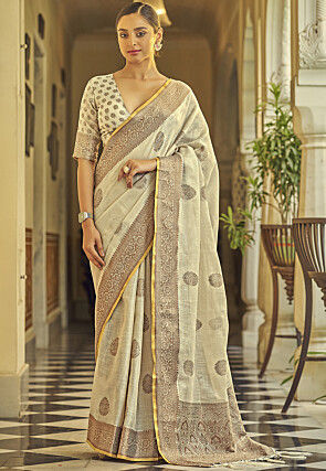 Woven Linen Saree in Off White