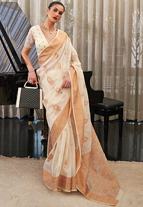 Woven Linen Saree in Off White