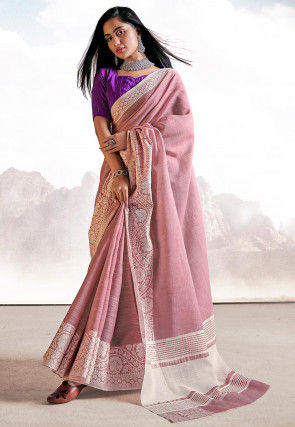 Woven Linen  Saree in Old Rose