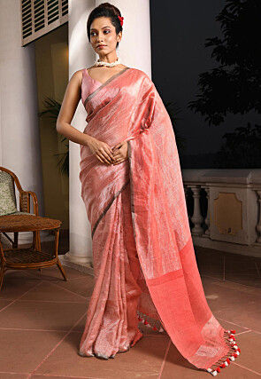 Woven Linen Saree in Peach Orange