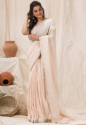 Woven Linen Saree in Peach