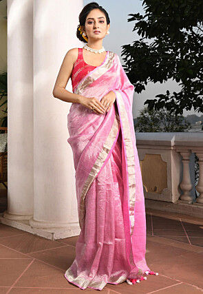 Woven Linen Saree in Pink