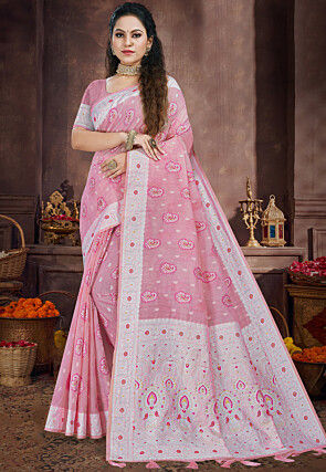Woven Linen Saree in Pink