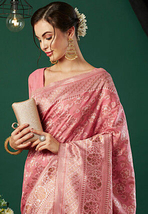 Woven Linen Saree in Pink