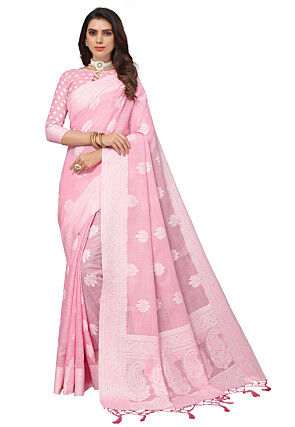 Woven Linen Saree in Pink