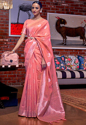Woven Linen Saree in Pink