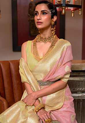 Woven Linen Saree in Pink