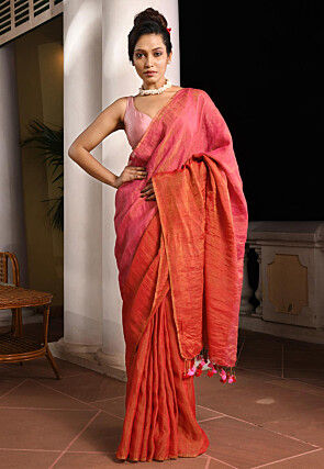 Woven Linen Saree in Red