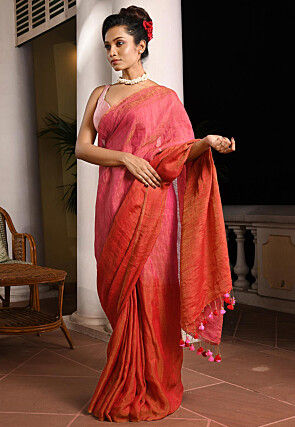 Woven Linen Saree in Red