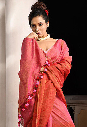 Woven Linen Saree in Red