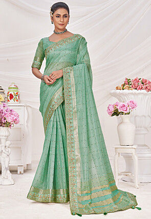 Woven Linen Saree in Sea Green