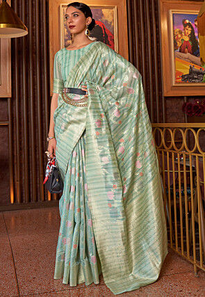 Woven Linen Saree in Sea Green