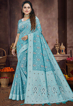Woven Linen Saree in Sky Blue