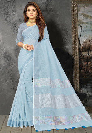Woven Linen Saree in Sky Blue