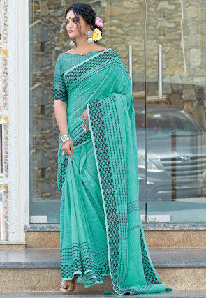 Woven Linen Saree in Teal Green
