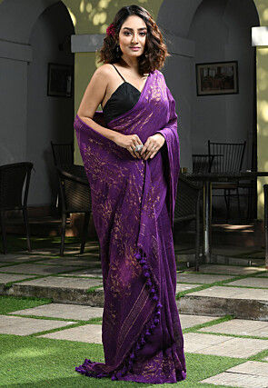 Woven Linen Saree in Violet