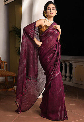 Woven Linen Saree in Wine