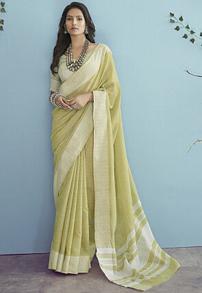 Woven Linen Saree in Light Green
