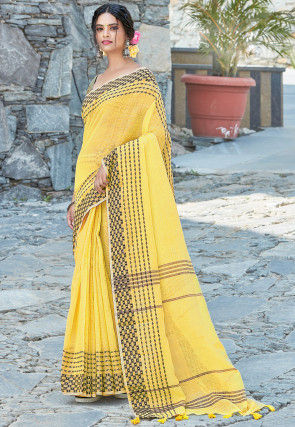 Woven Linen Saree in Yellow