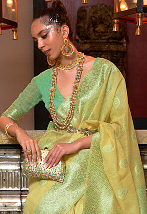 Woven Linen Saree in Yellow