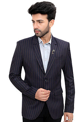Woven Linen Silk Blazer in Blue and Golden