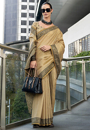 Woven Linen Silk Saree in Beige