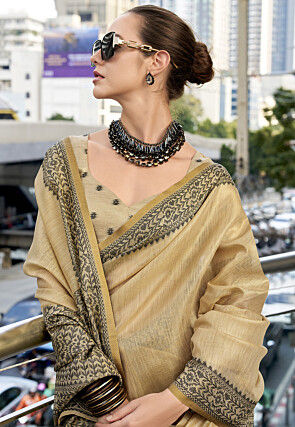 Woven Linen Silk Saree in Beige