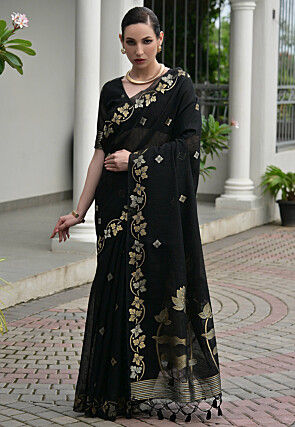 Woven Linen Silk Saree in Black