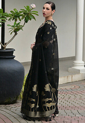Woven Linen Silk Saree in Black