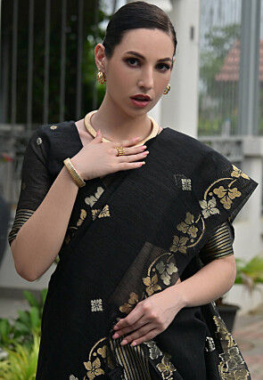 Woven Linen Silk Saree in Black