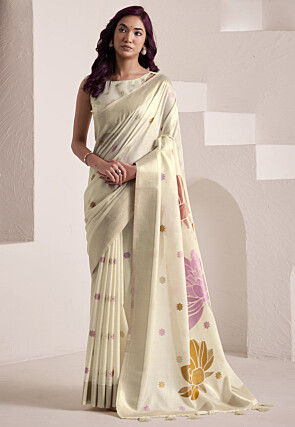 Woven Linen Silk Saree in Cream