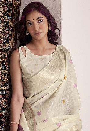 Woven Linen Silk Saree in Cream