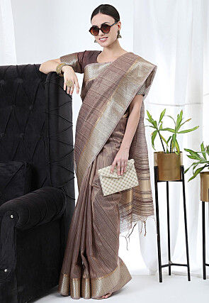 Woven Linen Silk Saree in Light Brown