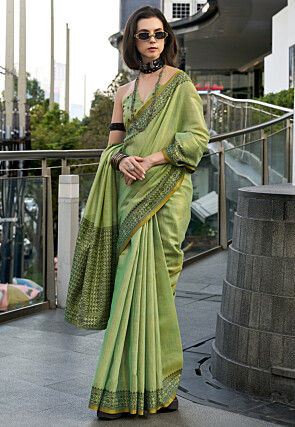 Woven Linen Silk Saree in Light Green