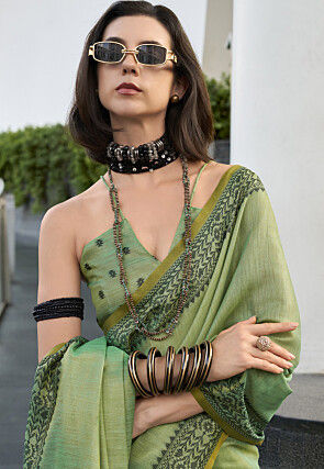 Woven Linen Silk Saree in Light Green