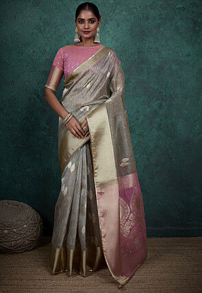 Woven Linen Silk Saree in Light Grey