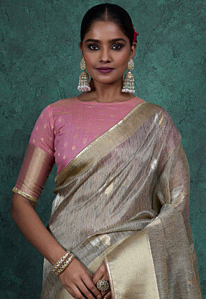 Woven Linen Silk Saree in Light Grey