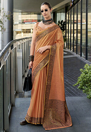 Woven Linen Silk Saree in Orange