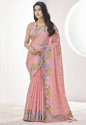 Woven Linen Silk Saree in Peach