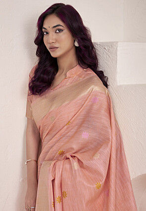 Woven Linen Silk Saree in Peach