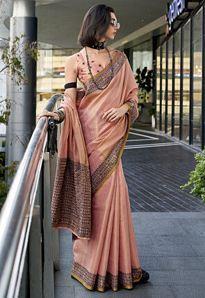 Woven Linen Silk Saree in Peach